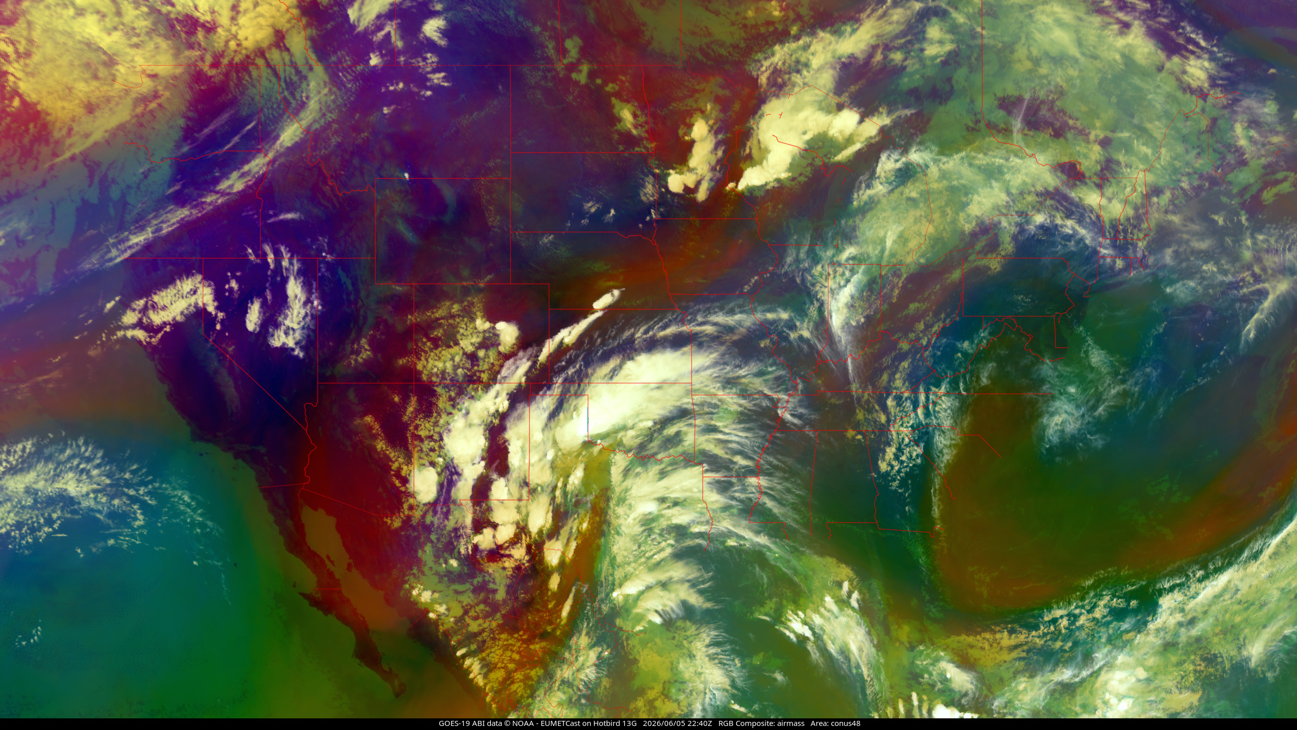GOES-19 airmass composite, Continental 48 USA view