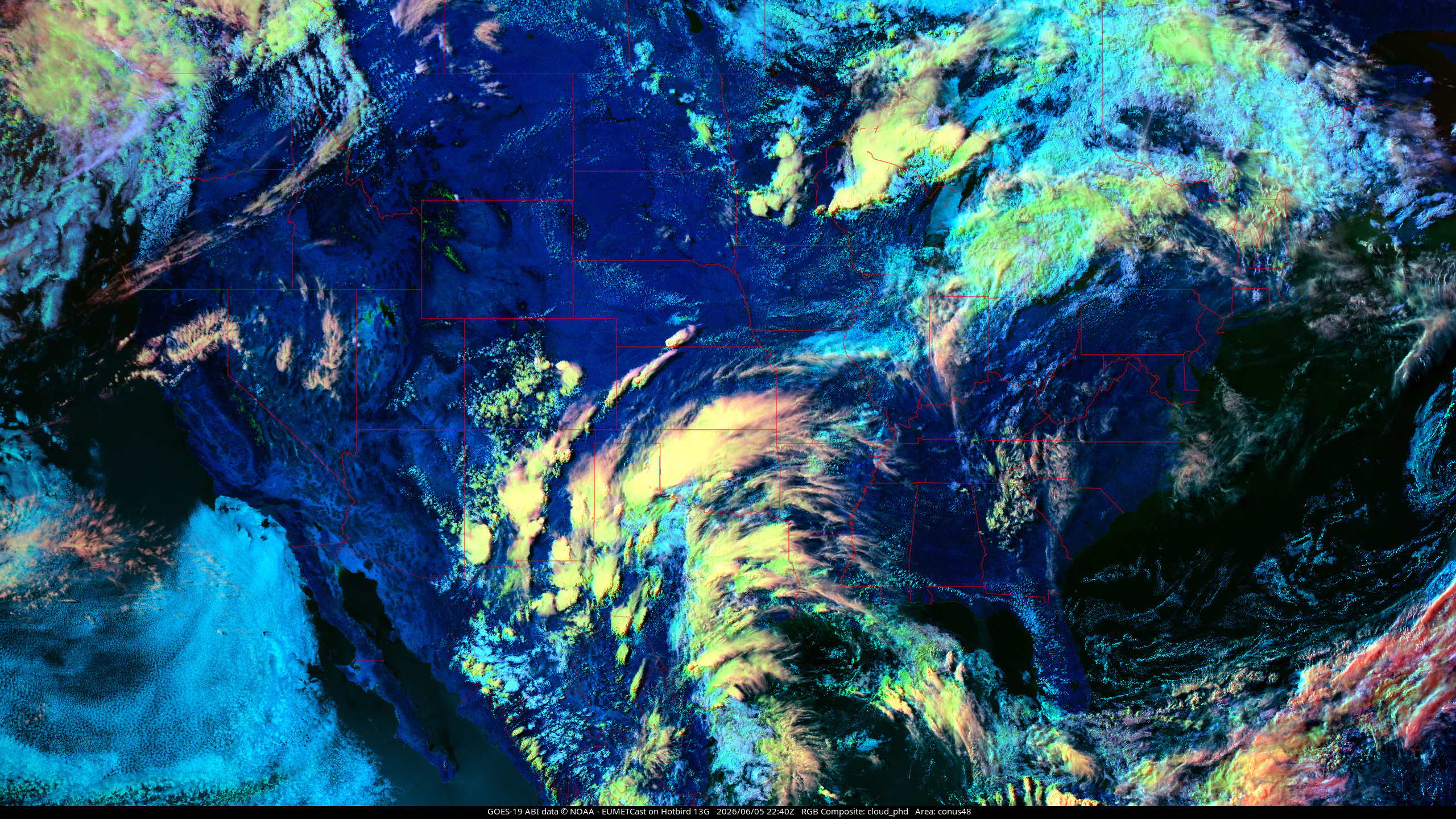 GOES-19 cloud phase distinction composite, Continental 48 USA view