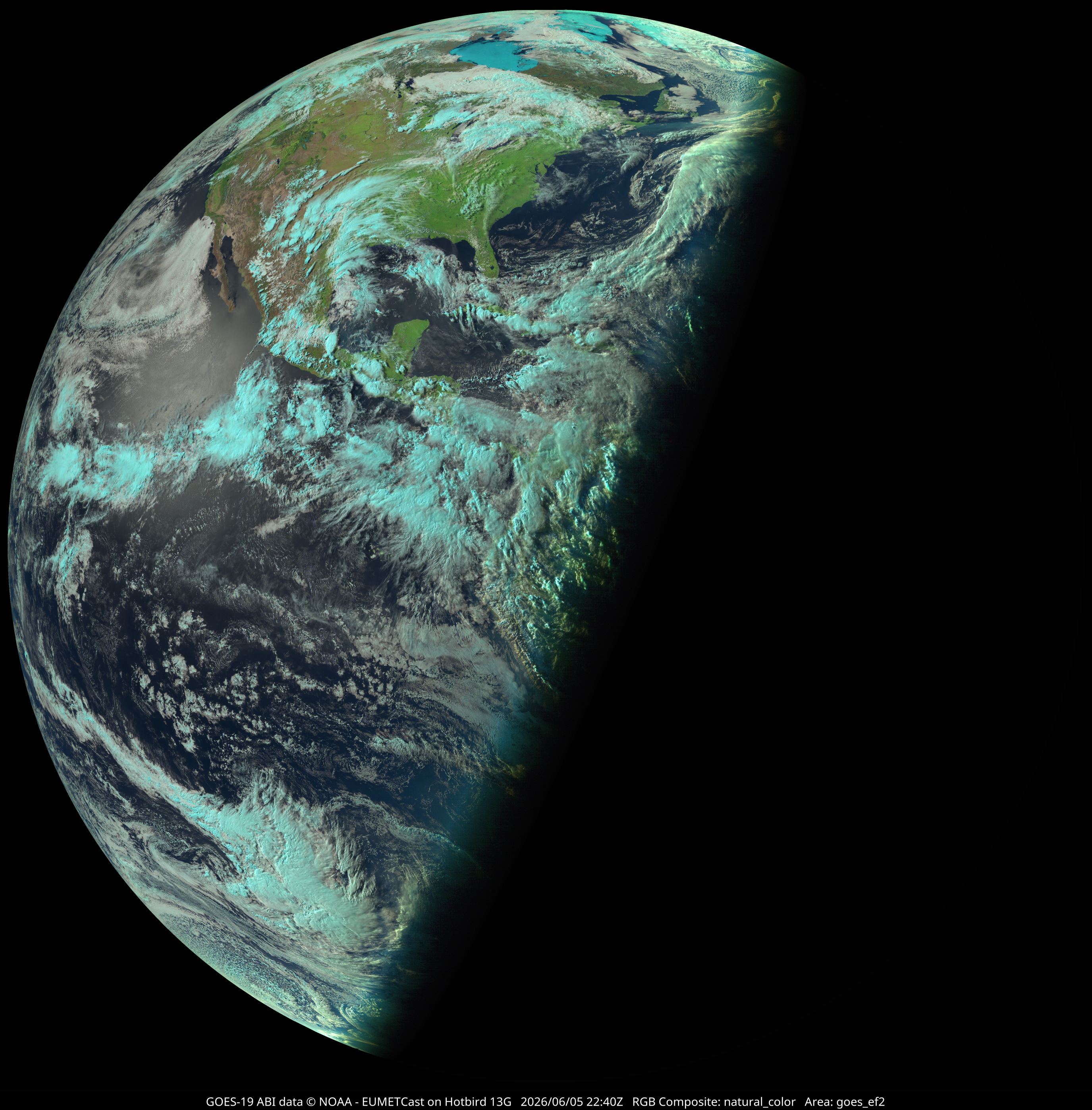 GOES-19 natural colour composite, full disc view