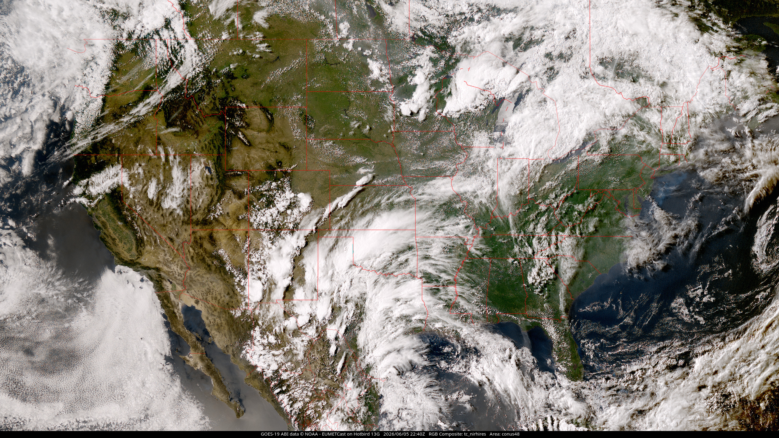 GOES-19 true colour with night IR composite, Continental 48 USA view