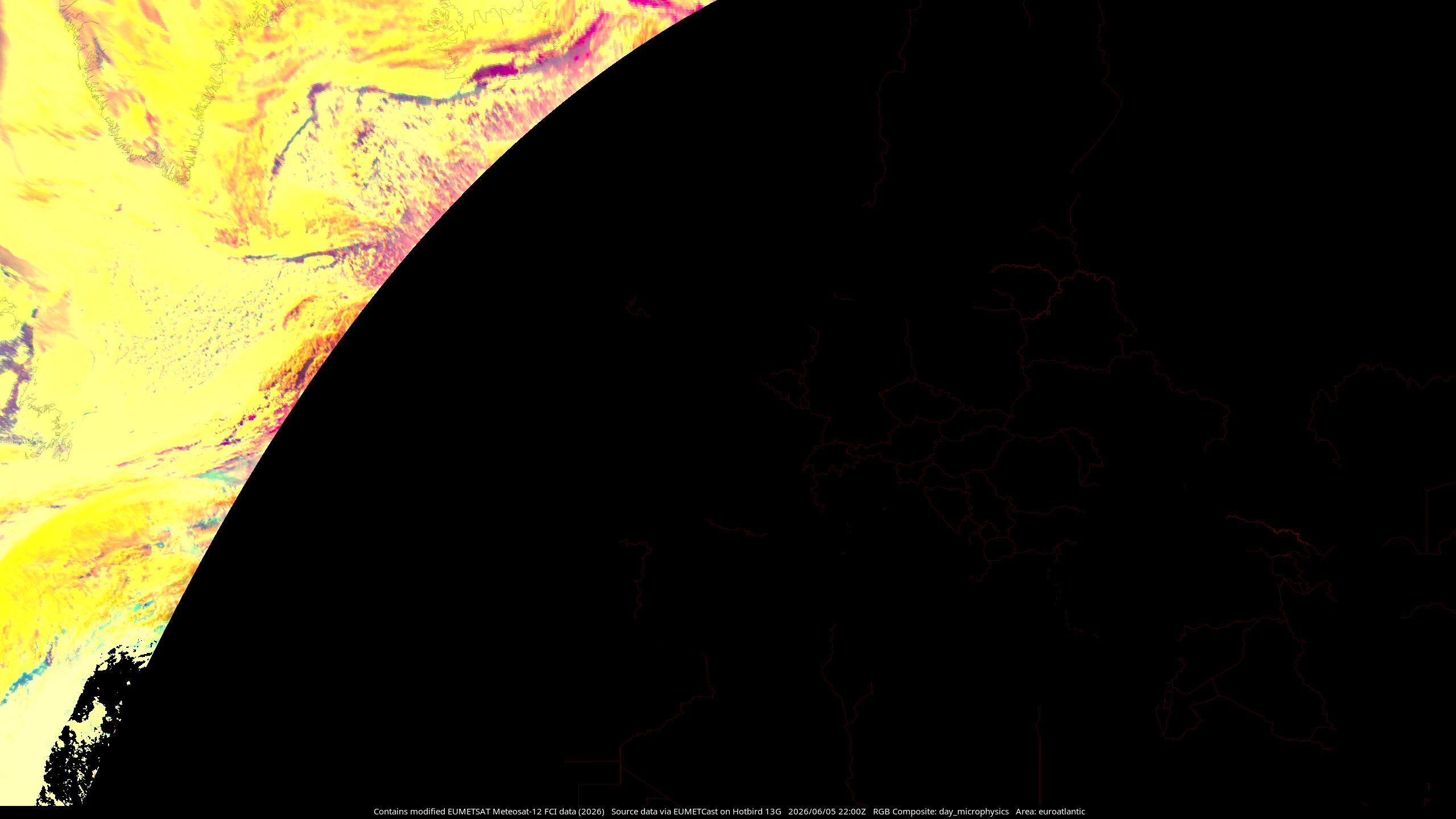 MTG-I1 Day Microphysics composite, showing the North Atlantic Ocean and Europe