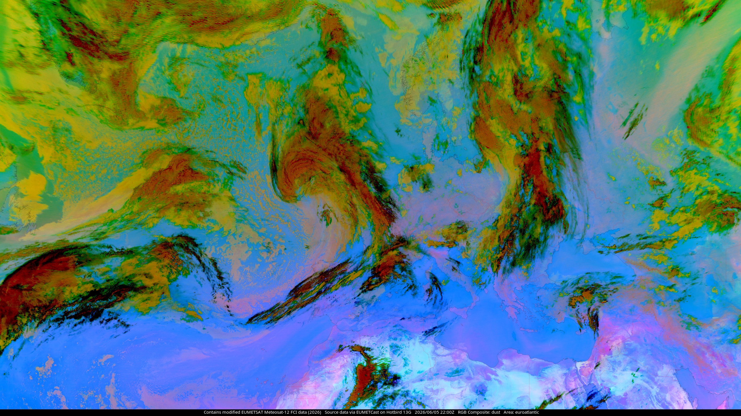 MTG-I1 Dust RGB composite, showing the North Atlantic Ocean and Europe