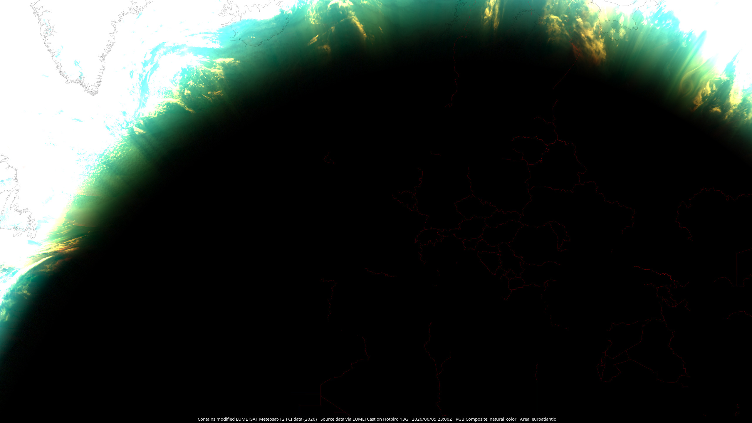 MTG-I1 natural colour composite with night IR showing the North Atlantic Ocean and European continent