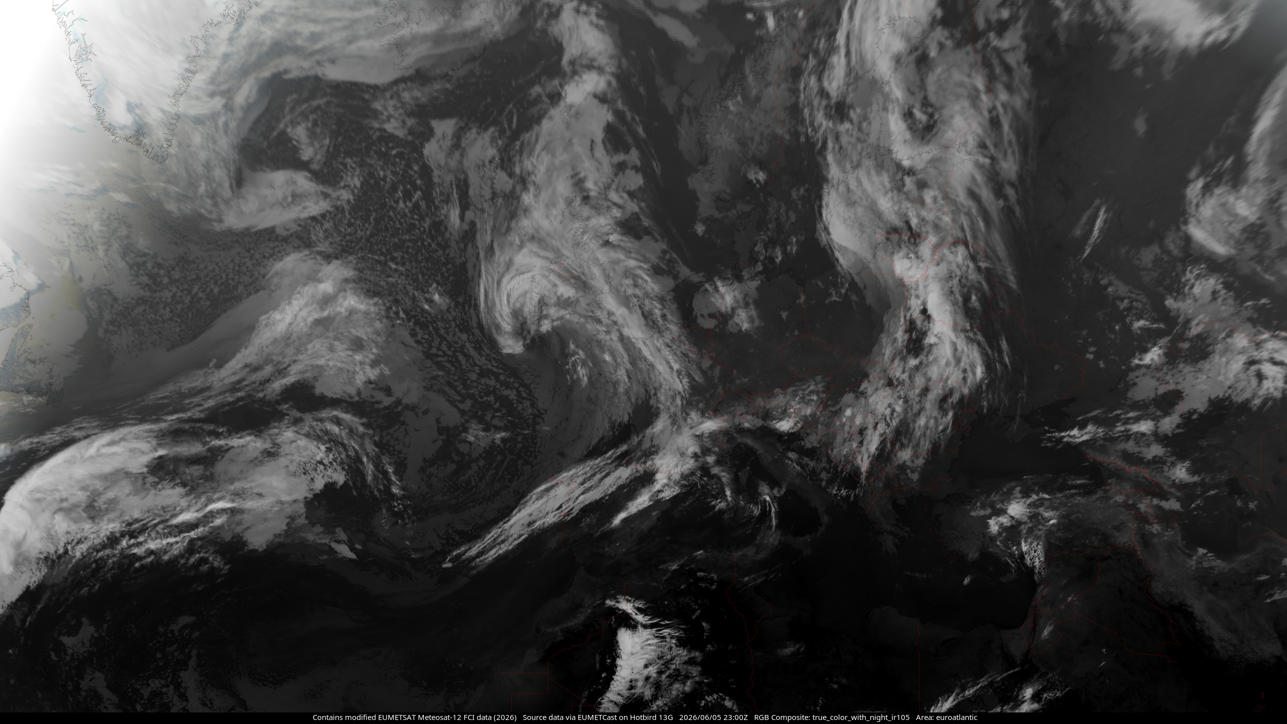 MTG-I1 true colour composite with night IR105 channel showing the North Atlantic Ocean and European Continent