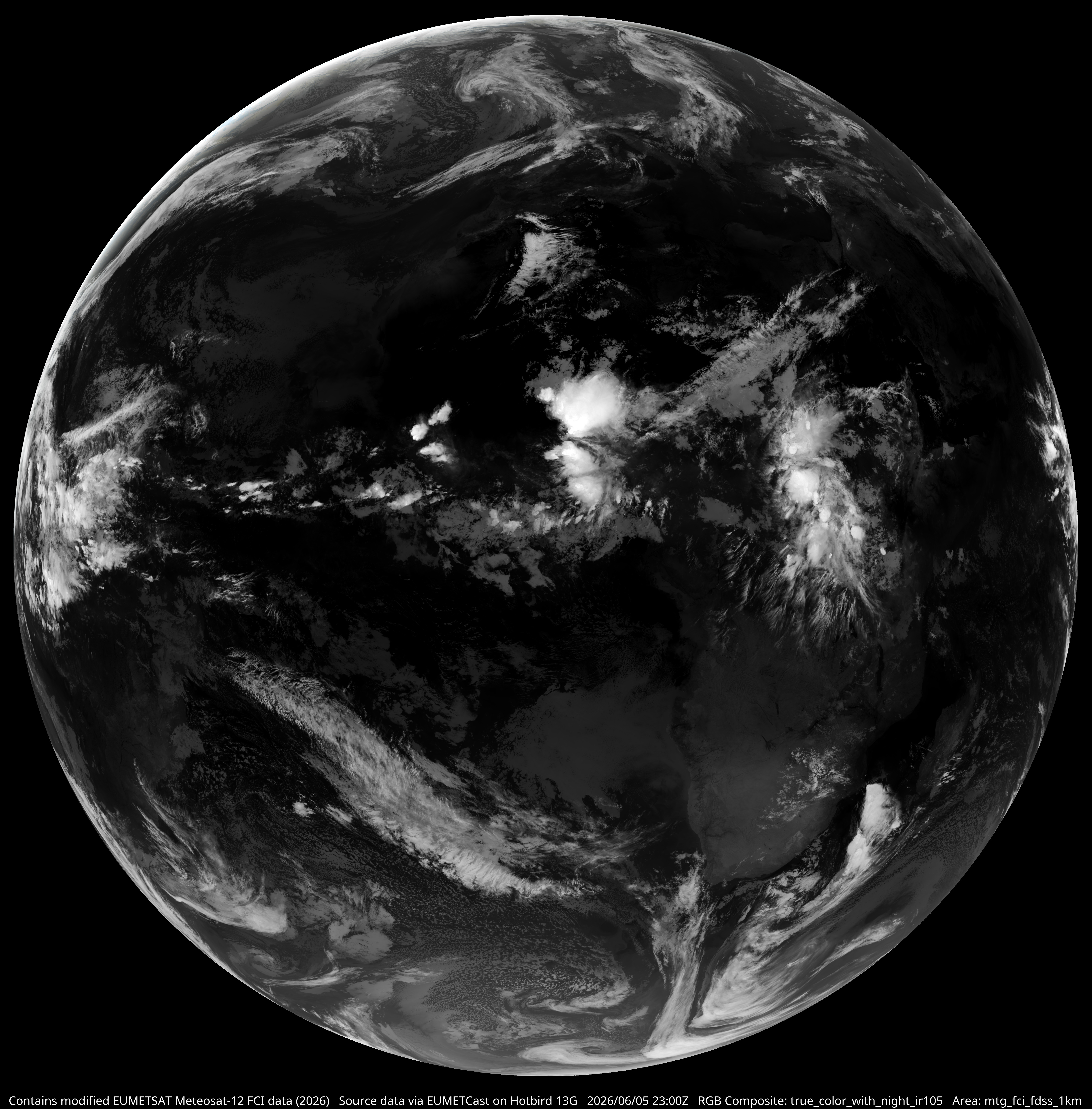 MTG-I1 true colour composite with IR105 night channel, full disc view