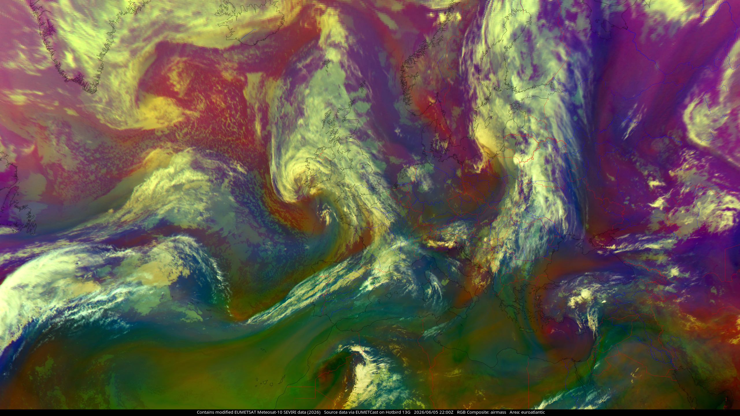Meteosat-10 airmass composite, showing the North Atlantic Ocean and Europe