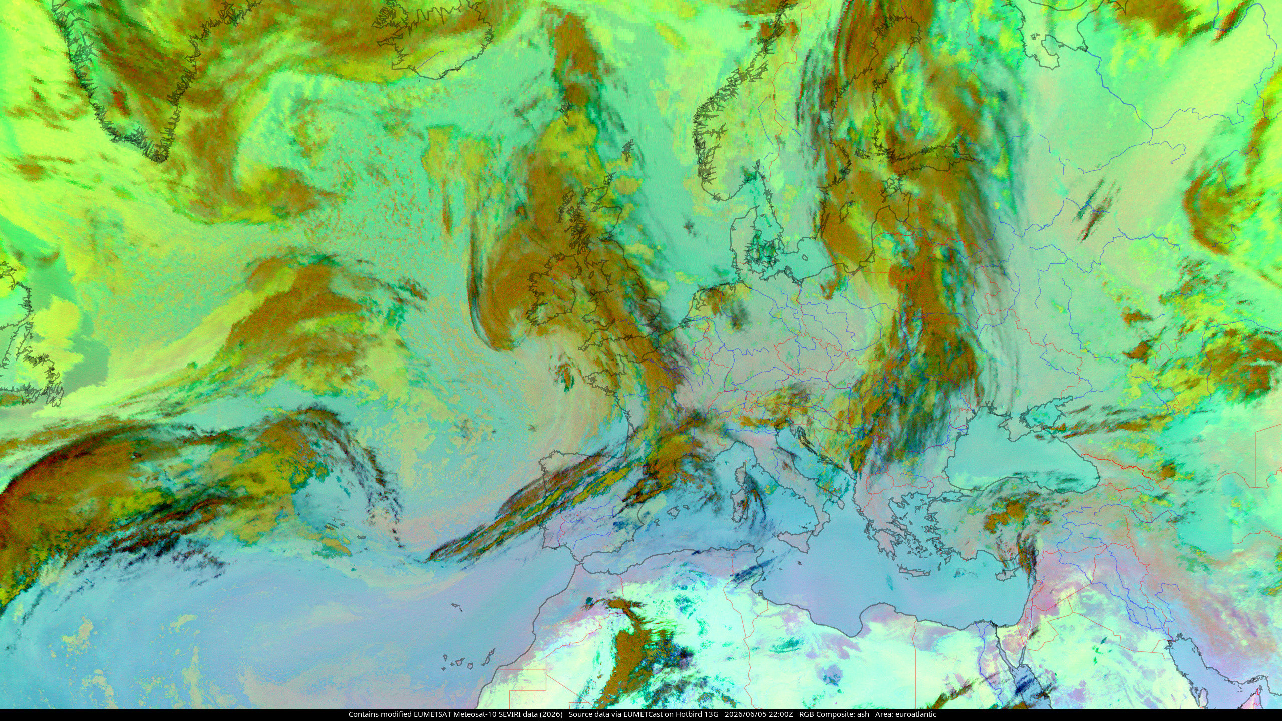 Meteosat-10 Ash composite, showing the North Atlantic Ocean and Europe