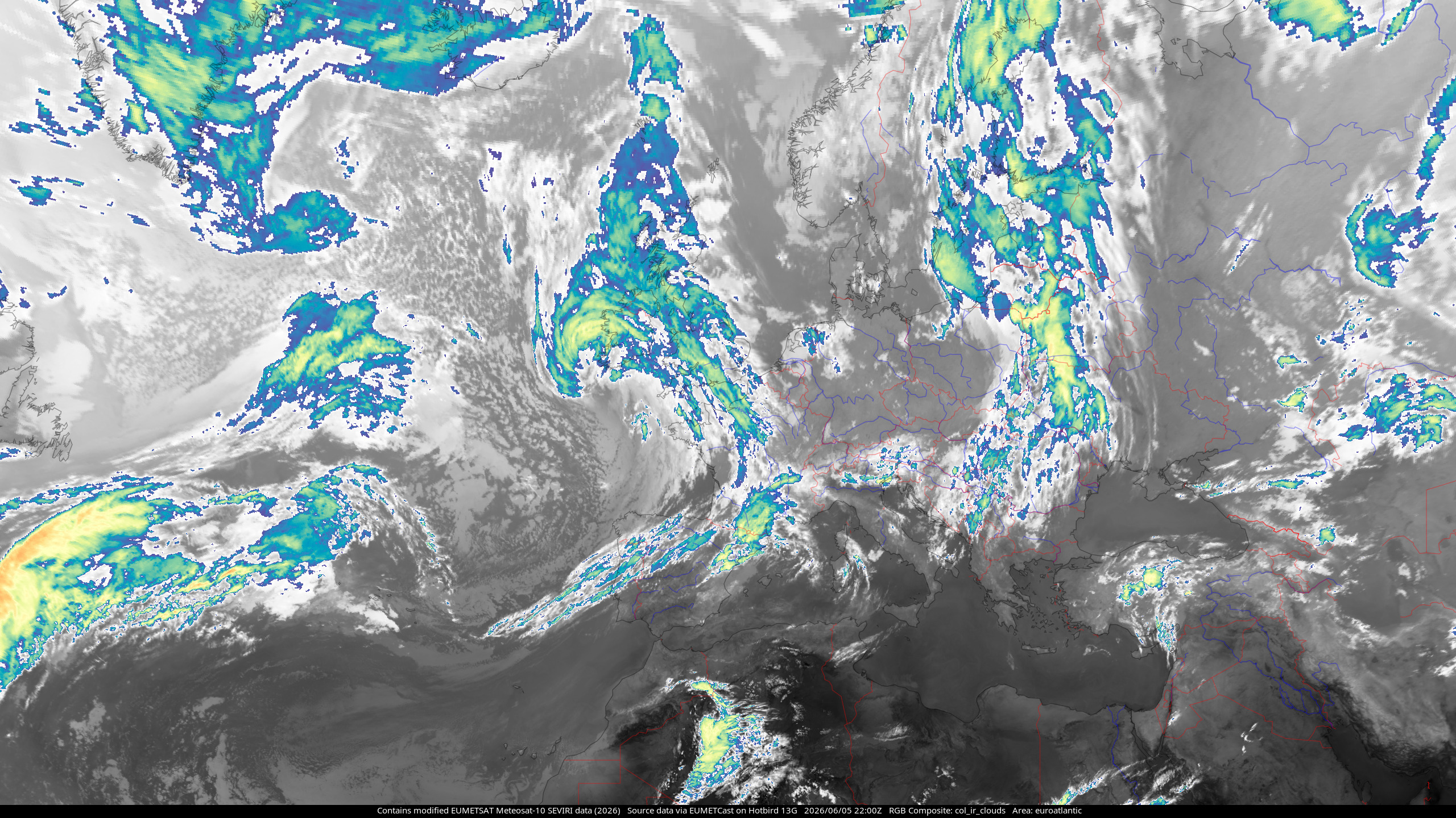Meteosat-10 Colorized IR Clouds composite, showing the North Atlantic Ocean and Europe