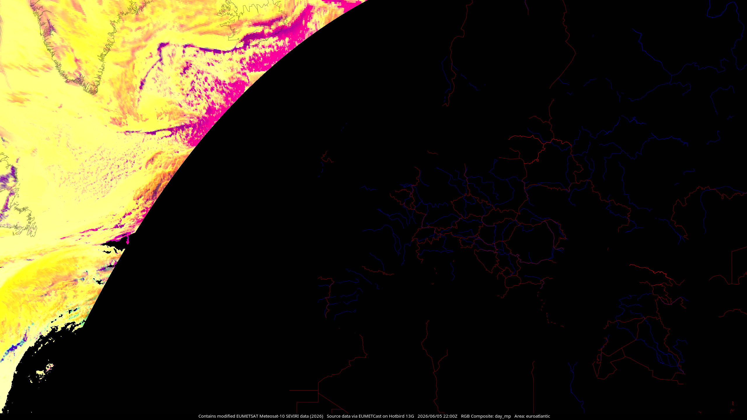 Meteosat-10 Day Microphysics composite, showing the North Atlantic Ocean and Europe