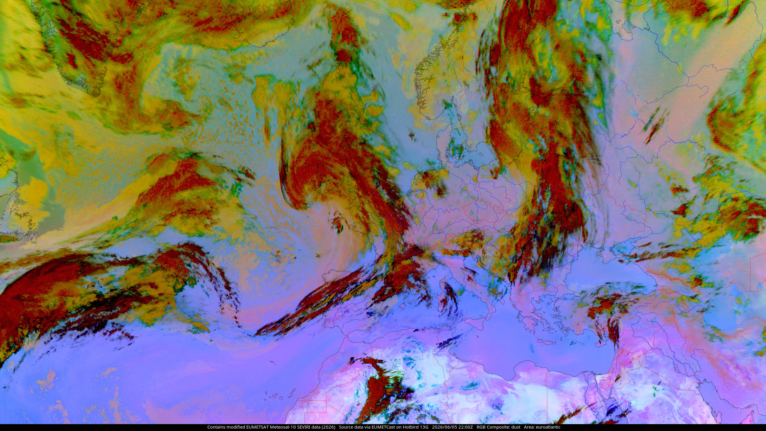 Meteosat-10 Dust RGB composite, showing the North Atlantic Ocean and Europe