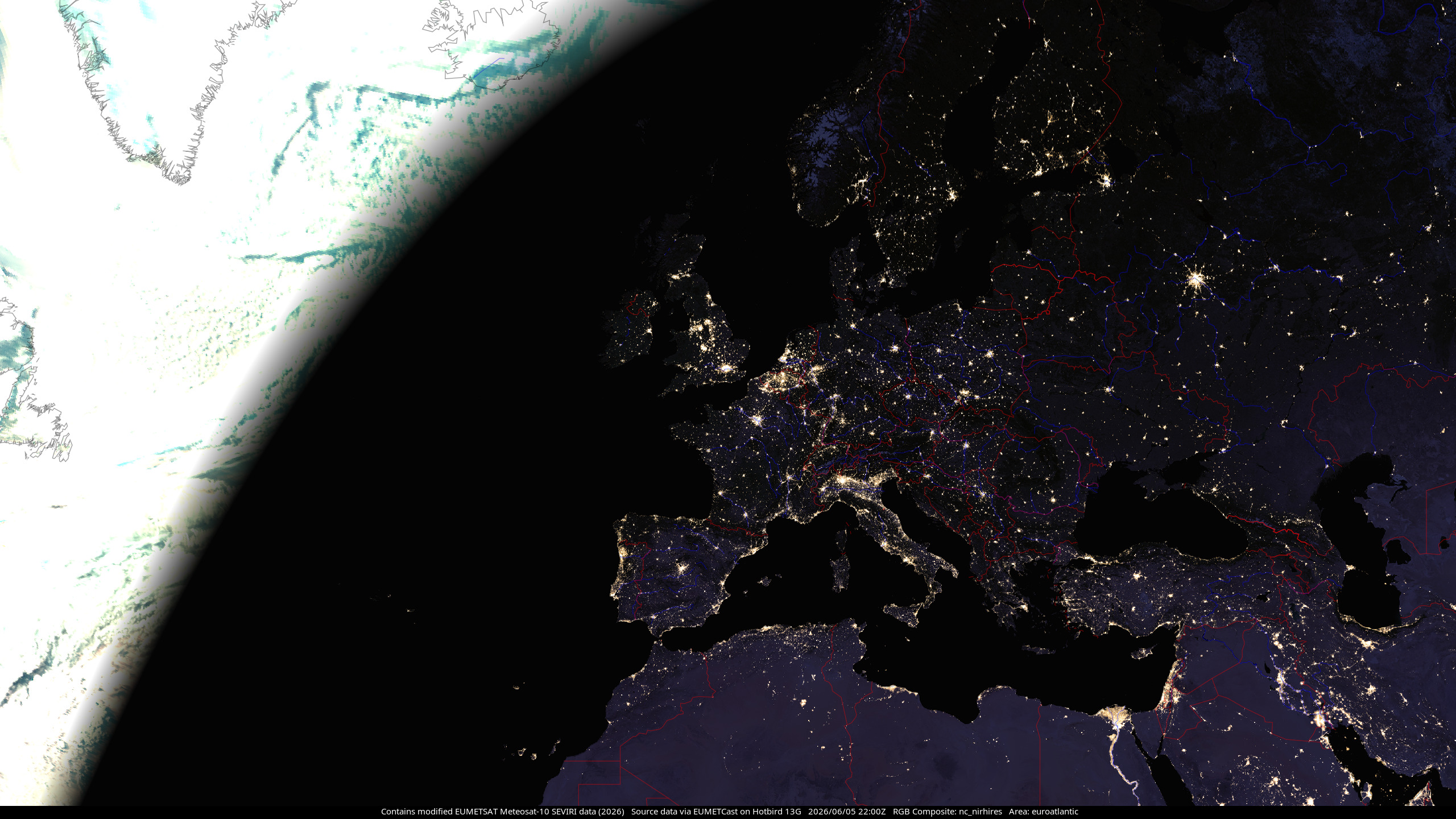 Meteosat-10 natural colour composite with night IR showing the North Atlantic Ocean and European continent